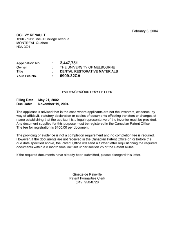Document de brevet canadien 2447751. Correspondance 20040126. Image 1 de 1