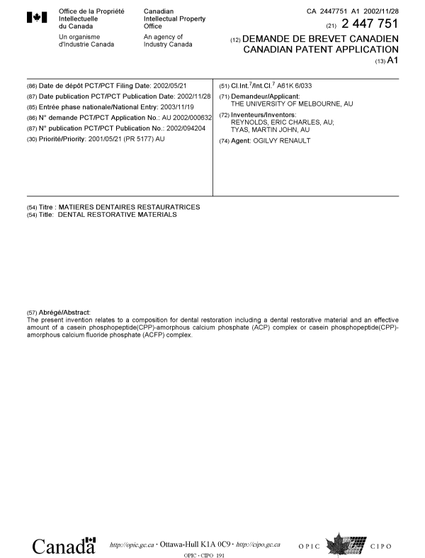 Document de brevet canadien 2447751. Page couverture 20040128. Image 1 de 1