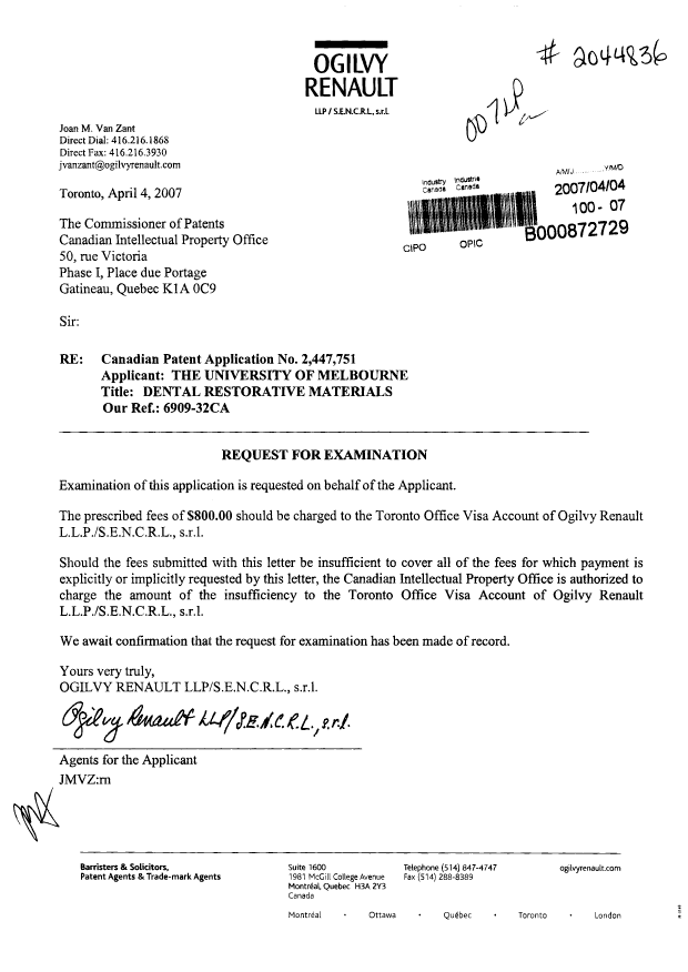 Document de brevet canadien 2447751. Poursuite-Amendment 20070404. Image 1 de 1