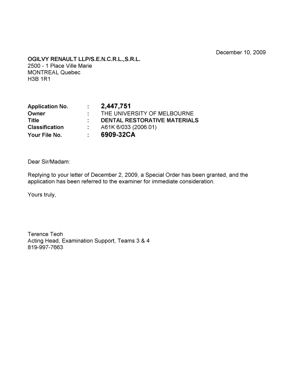 Document de brevet canadien 2447751. Poursuite-Amendment 20091210. Image 1 de 1