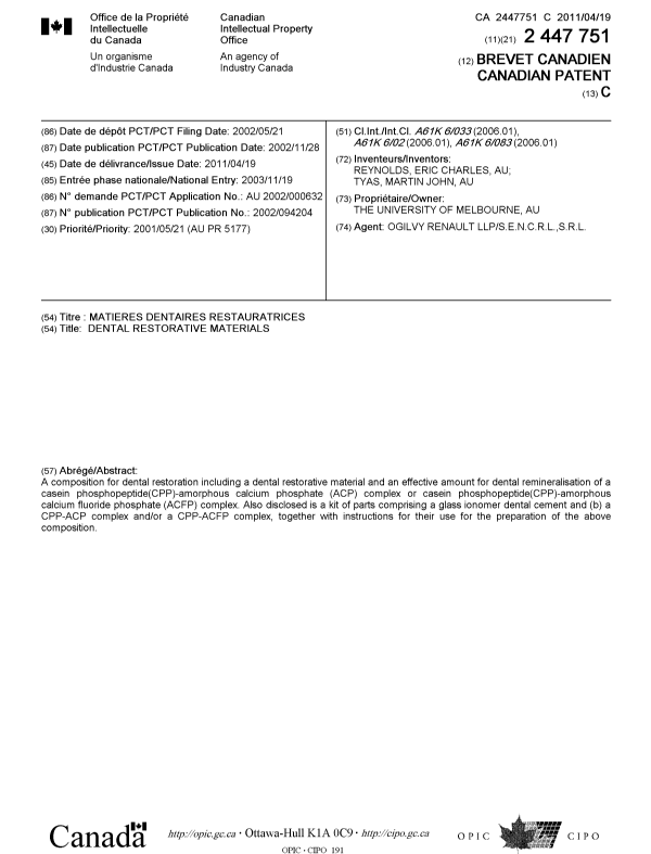 Document de brevet canadien 2447751. Page couverture 20110318. Image 1 de 1