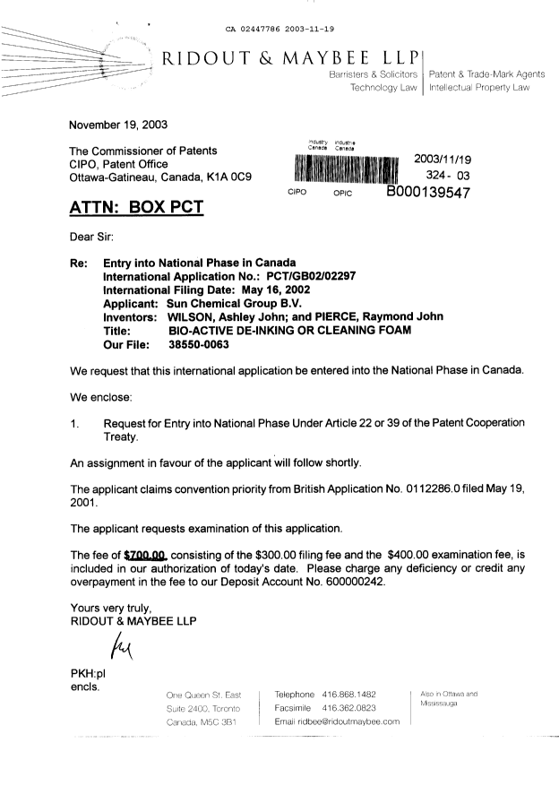 Document de brevet canadien 2447786. Cession 20031119. Image 1 de 3