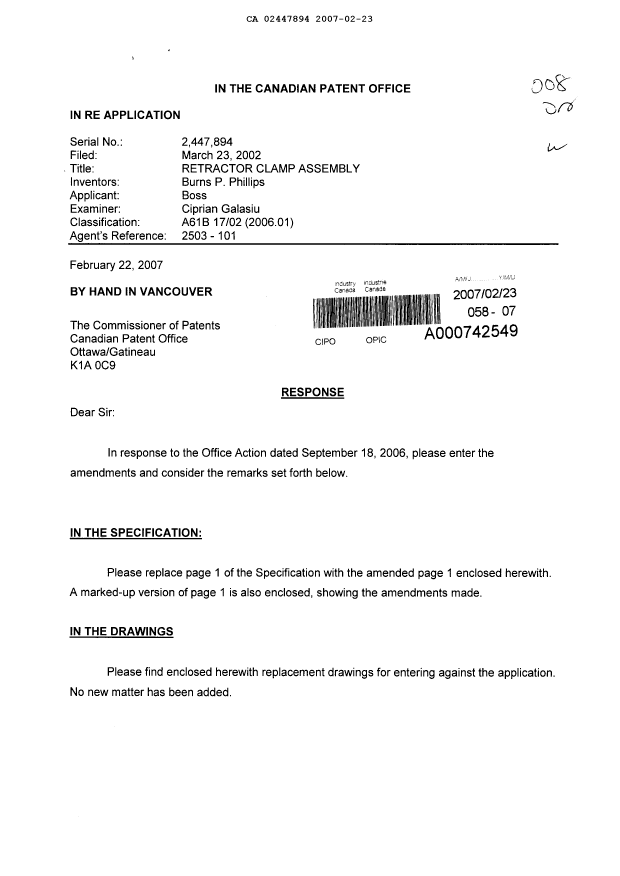 Canadian Patent Document 2447894. Prosecution-Amendment 20070223. Image 1 of 7