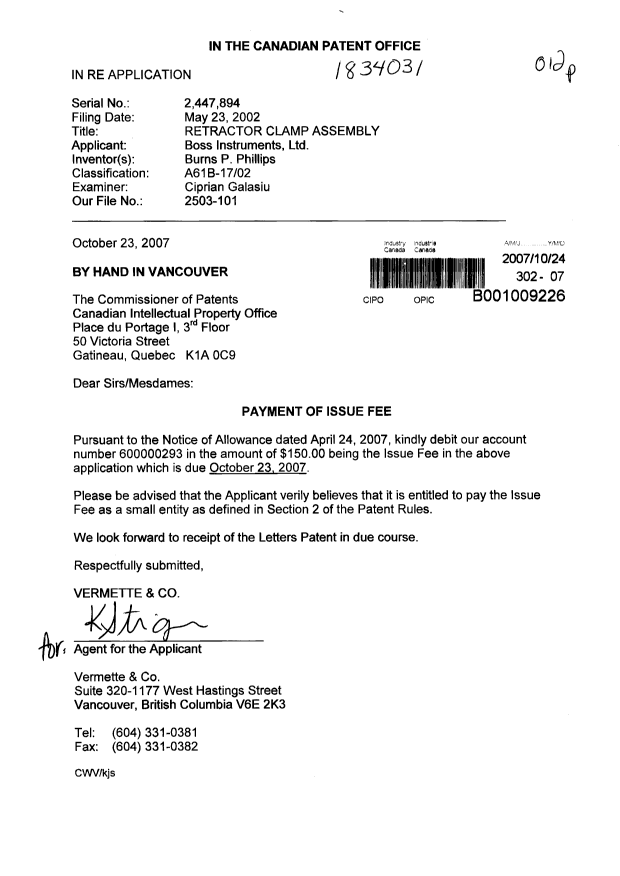 Canadian Patent Document 2447894. Correspondence 20071024. Image 1 of 1