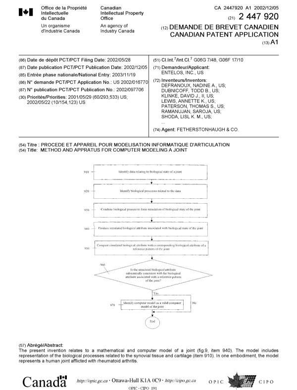 Document de brevet canadien 2447920. Page couverture 20040202. Image 1 de 2