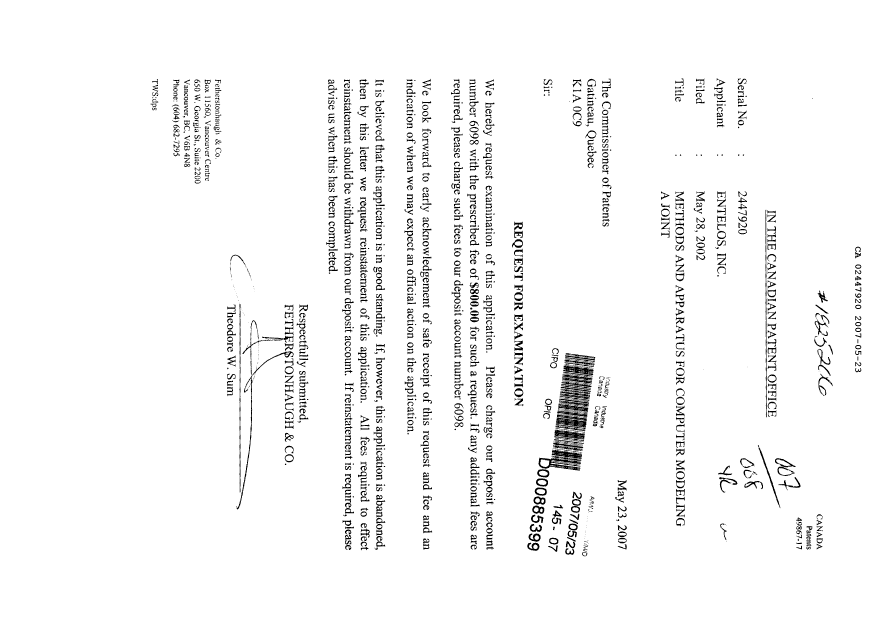 Canadian Patent Document 2447920. Prosecution-Amendment 20070523. Image 1 of 3