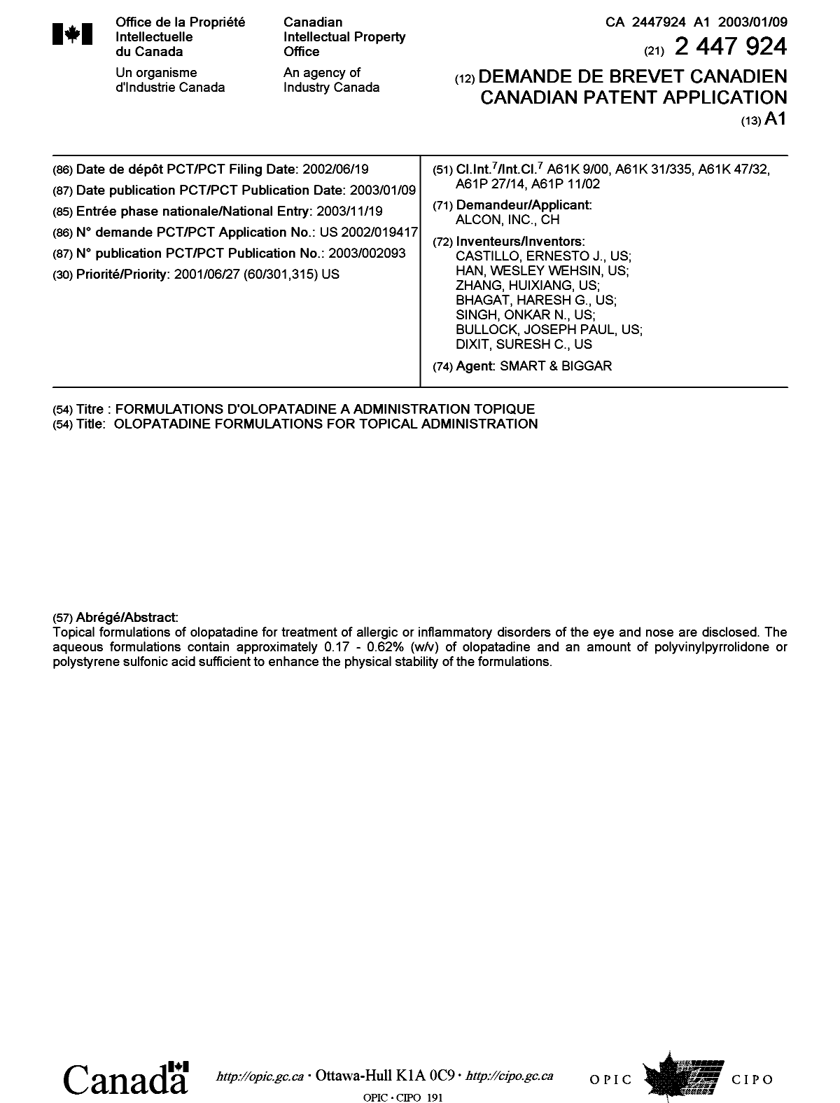 Document de brevet canadien 2447924. Page couverture 20031202. Image 1 de 1