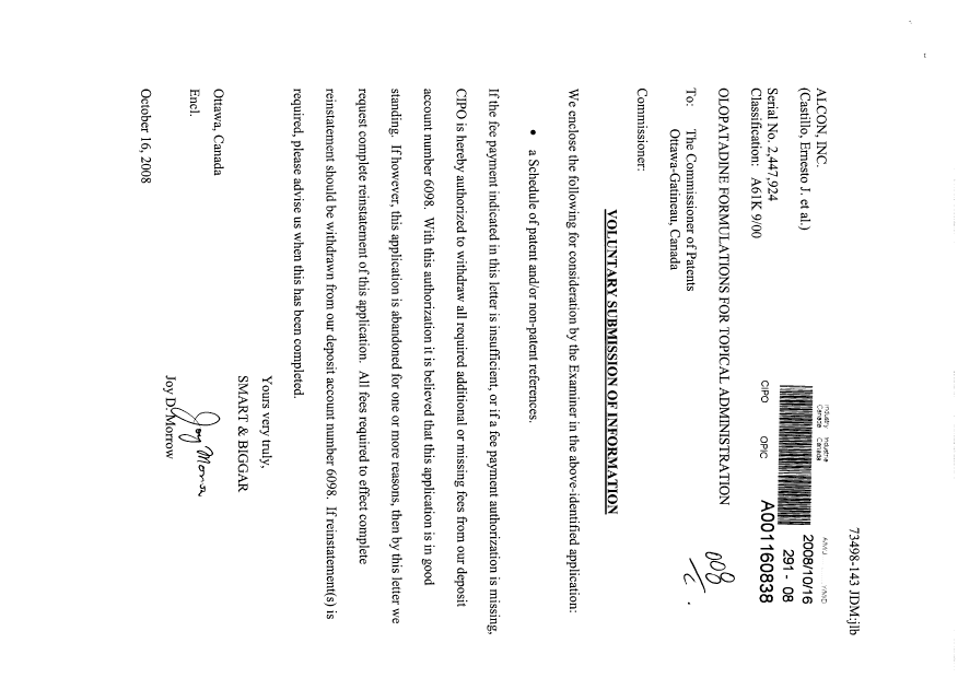 Document de brevet canadien 2447924. Poursuite-Amendment 20071216. Image 1 de 1