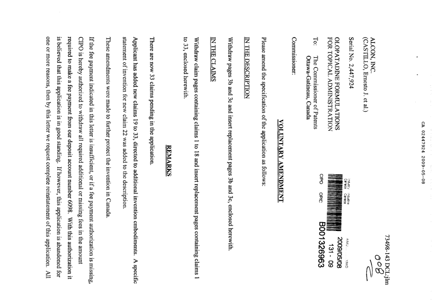 Canadian Patent Document 2447924. Prosecution-Amendment 20081208. Image 1 of 9