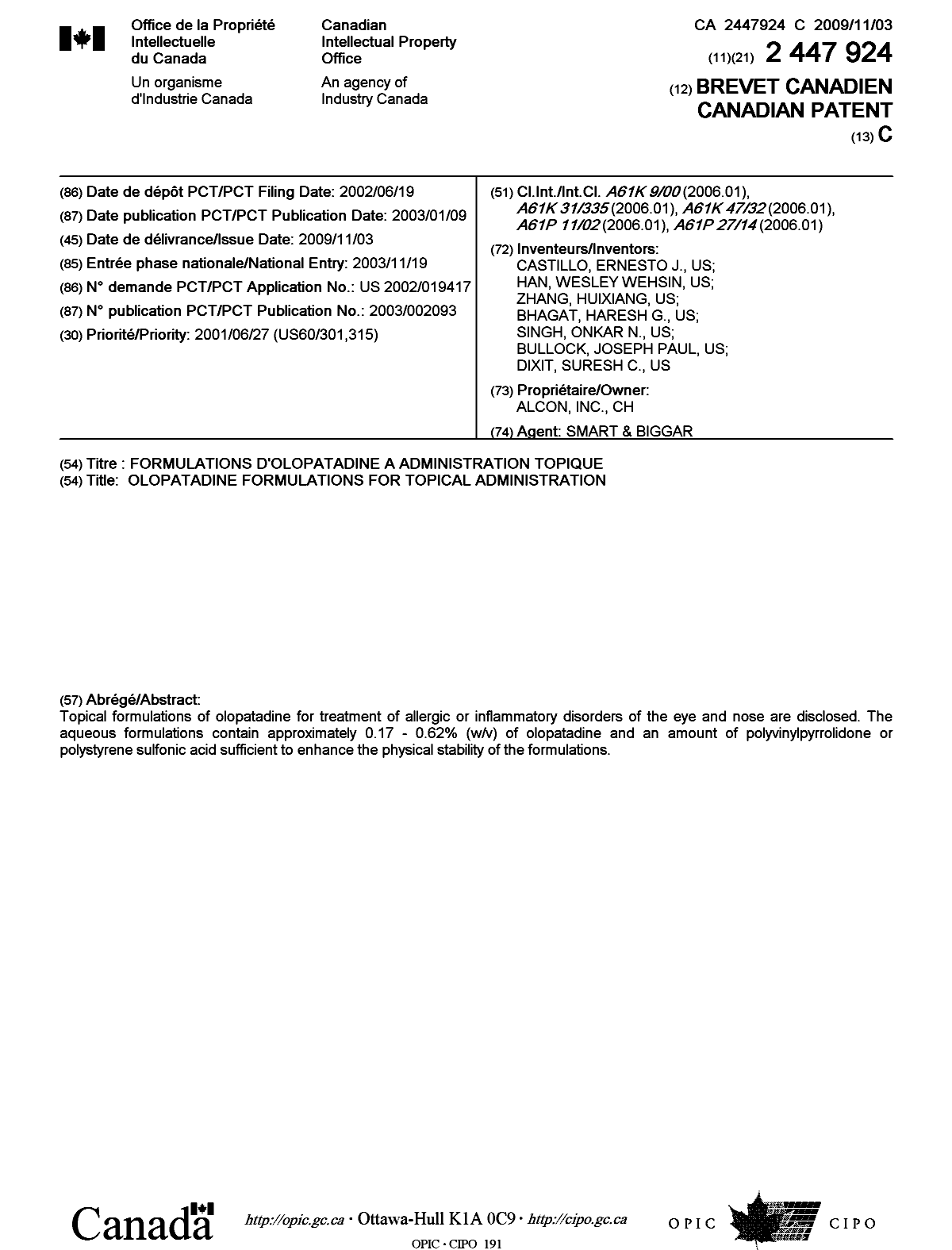 Document de brevet canadien 2447924. Page couverture 20081208. Image 1 de 1