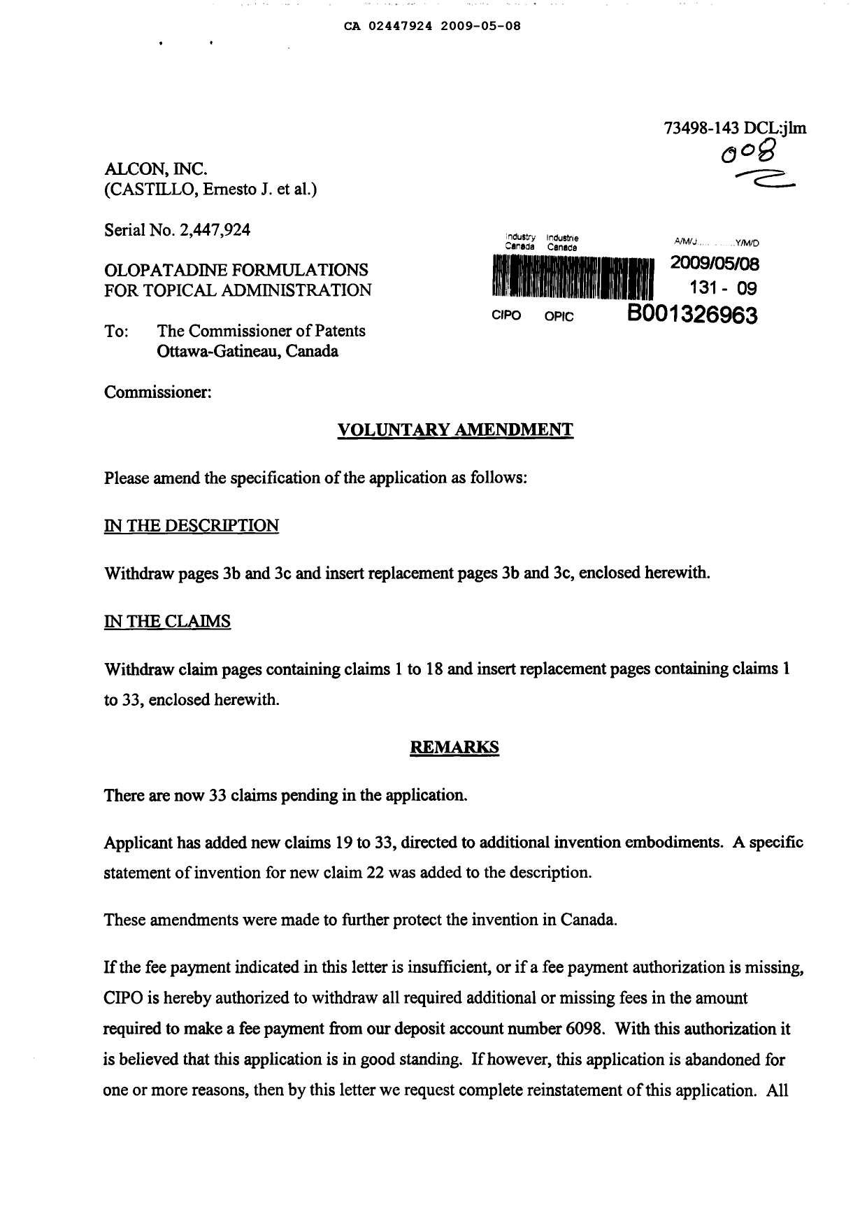 Document de brevet canadien 2447924. Poursuite-Amendment 20081208. Image 1 de 9