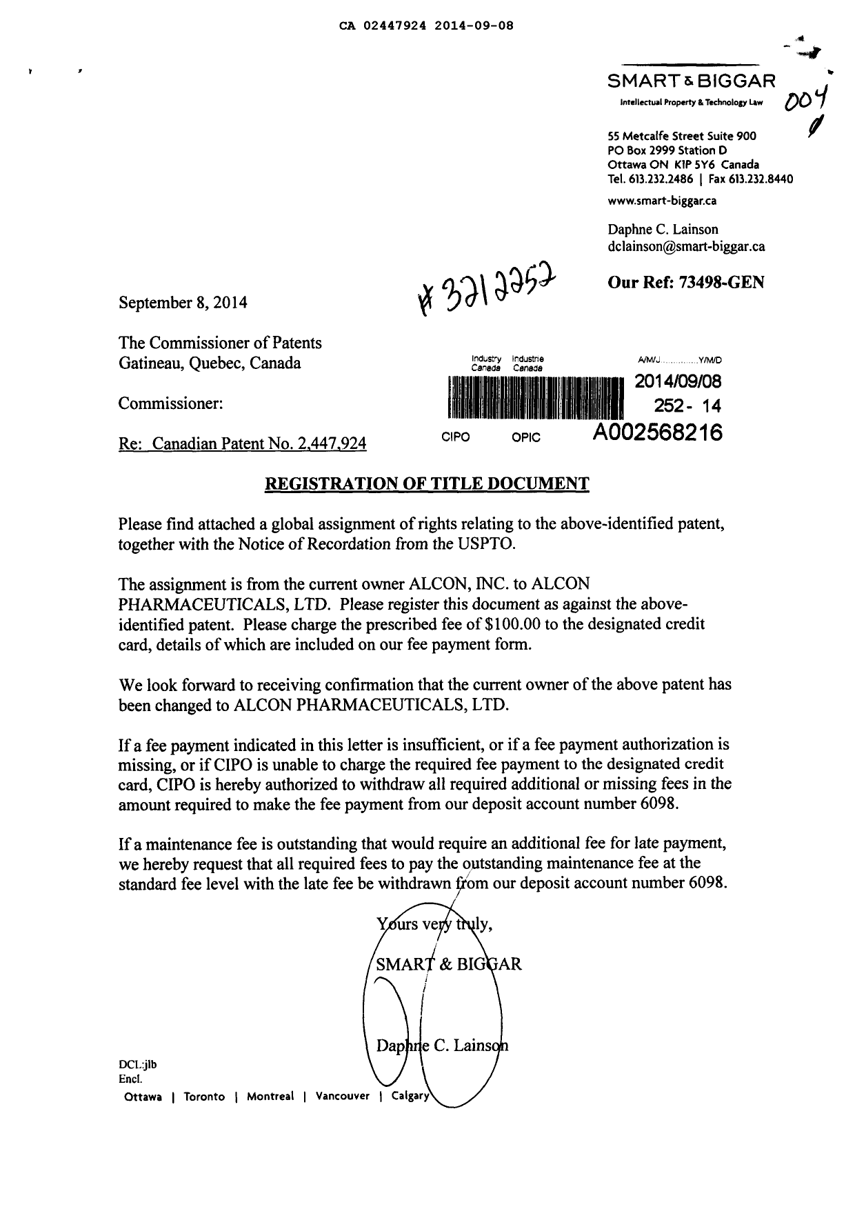 Document de brevet canadien 2447924. Cession 20131208. Image 1 de 7