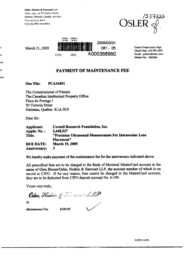 Document de brevet canadien 2448527. Taxes 20050321. Image 1 de 1