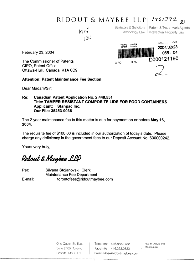 Canadian Patent Document 2448551. Fees 20040223. Image 1 of 1
