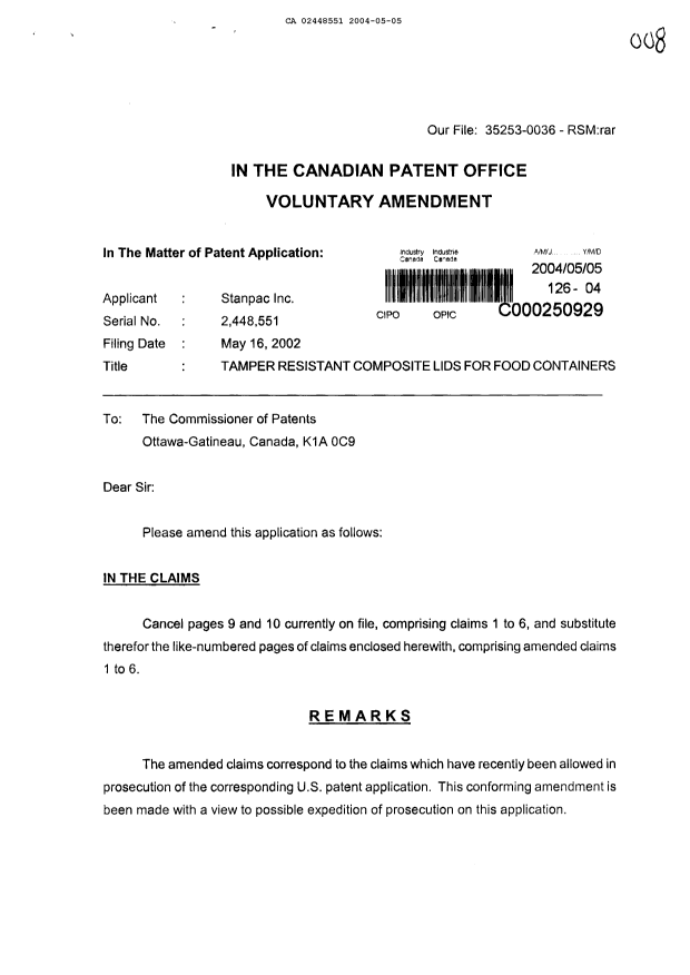 Canadian Patent Document 2448551. Prosecution-Amendment 20040505. Image 1 of 6