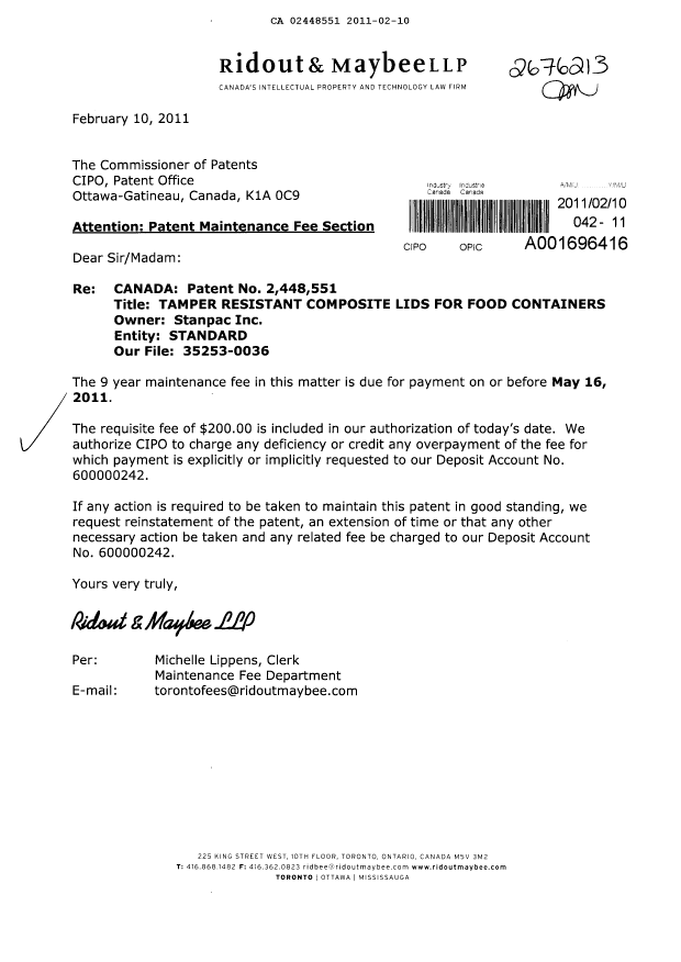 Canadian Patent Document 2448551. Fees 20110210. Image 1 of 1