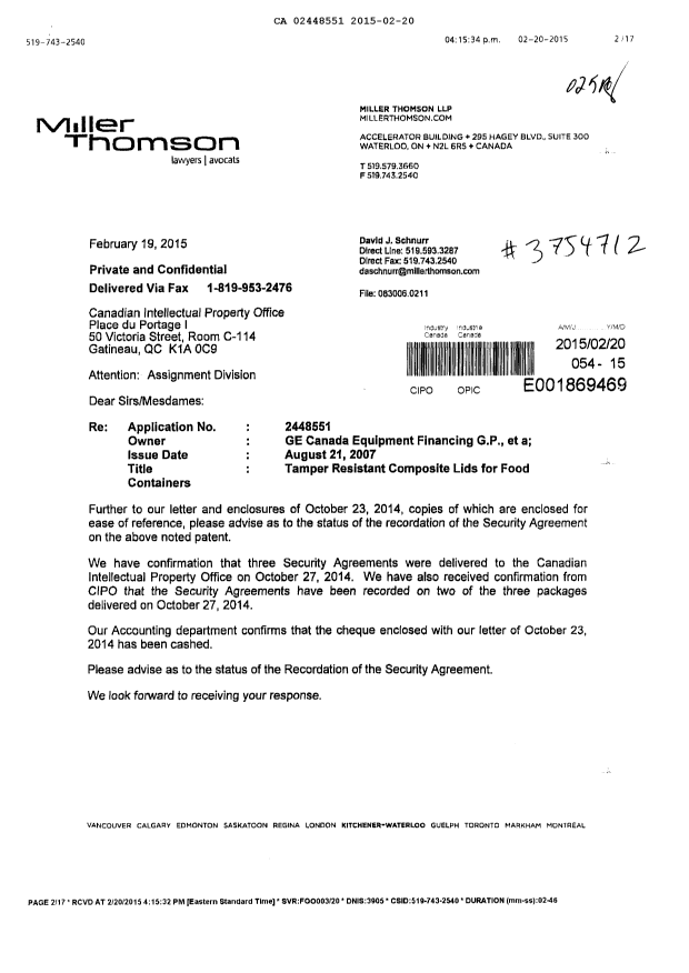 Canadian Patent Document 2448551. Assignment 20150220. Image 1 of 17