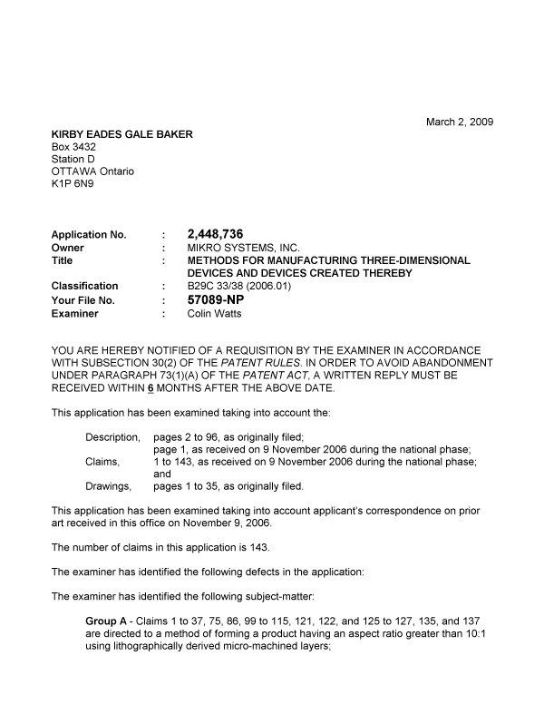 Canadian Patent Document 2448736. Prosecution-Amendment 20090302. Image 1 of 3