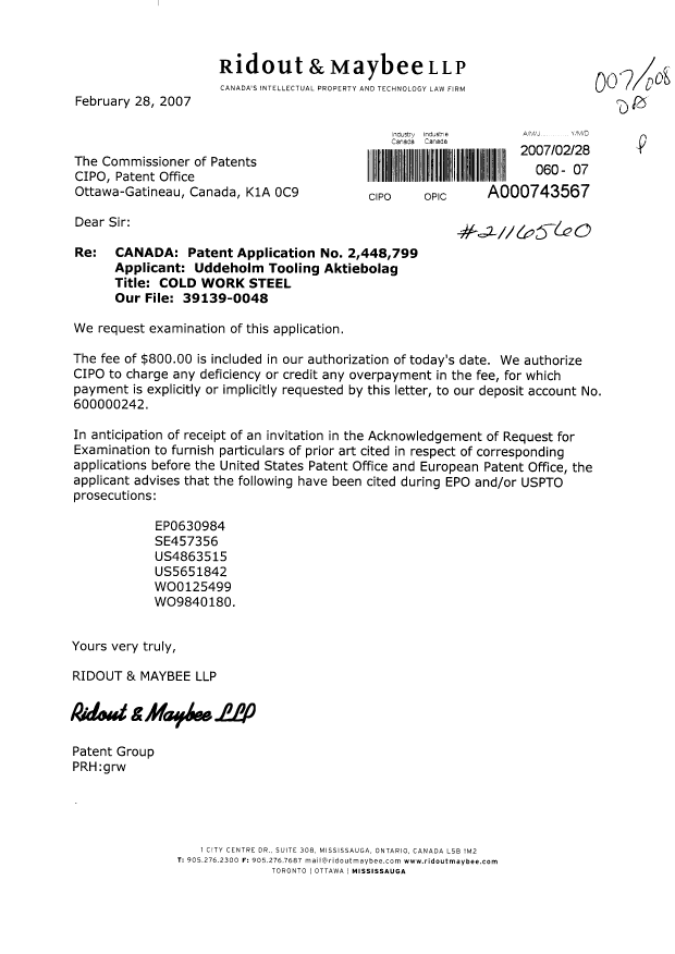 Canadian Patent Document 2448799. Prosecution-Amendment 20070228. Image 1 of 1