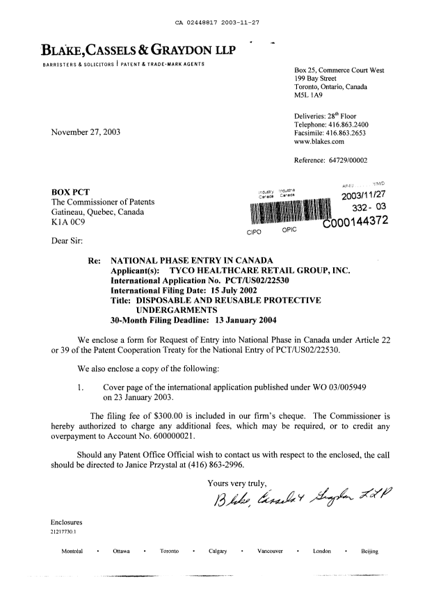 Document de brevet canadien 2448817. Cession 20031127. Image 1 de 2