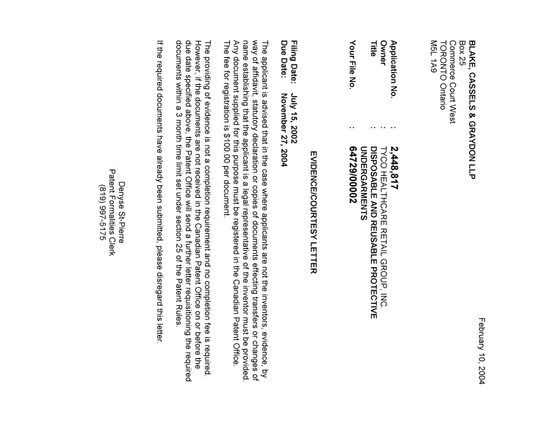 Canadian Patent Document 2448817. Correspondence 20040203. Image 1 of 1