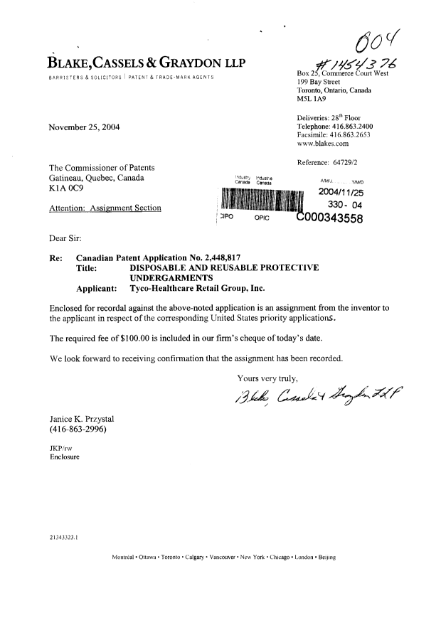 Document de brevet canadien 2448817. Cession 20041125. Image 1 de 4