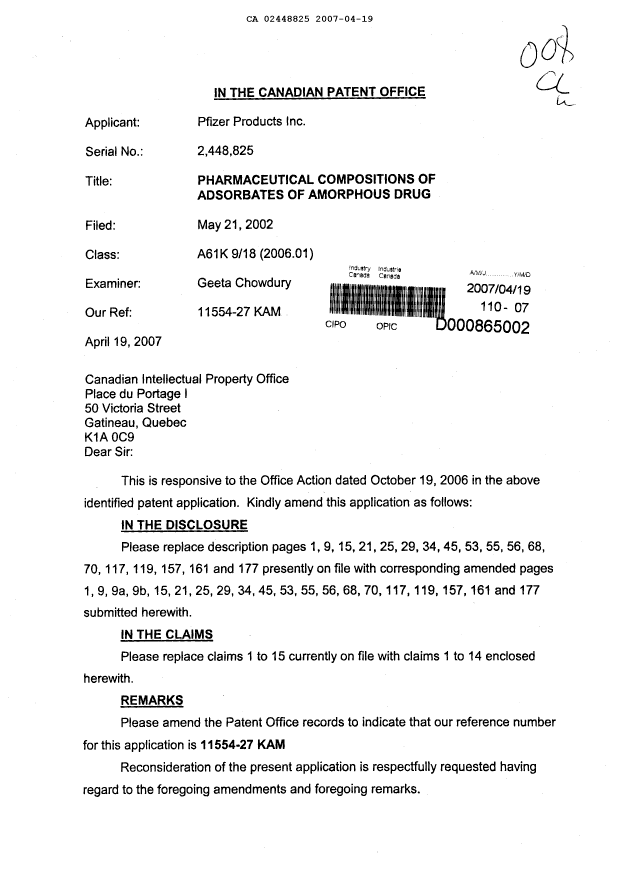 Canadian Patent Document 2448825. Prosecution-Amendment 20070419. Image 1 of 32