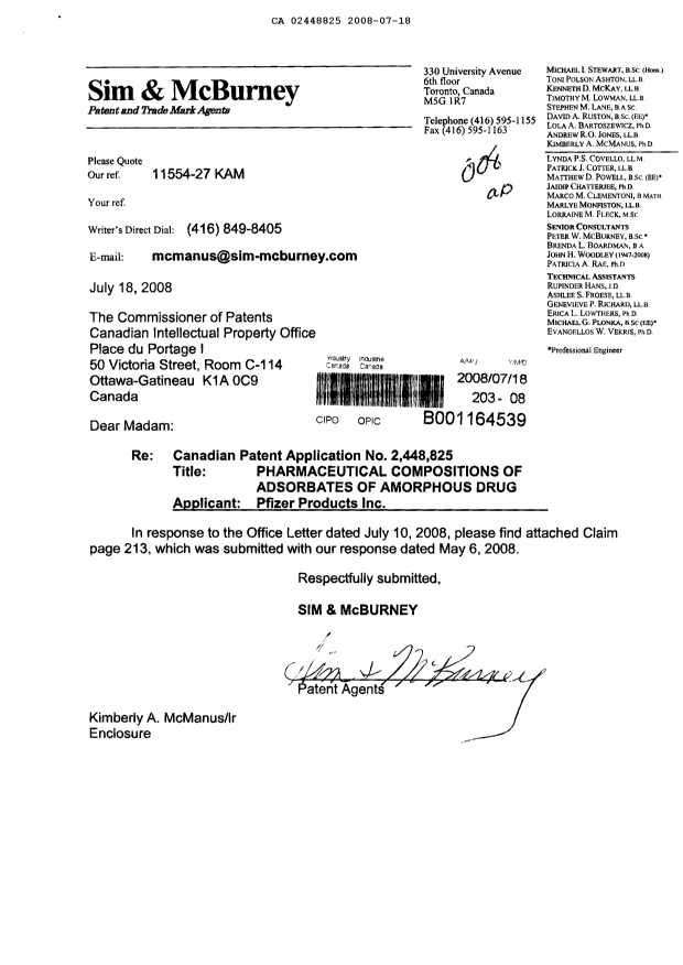 Canadian Patent Document 2448825. Prosecution-Amendment 20080718. Image 1 of 2