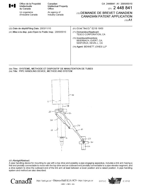 Canadian Patent Document 2448841. Cover Page 20050429. Image 1 of 1