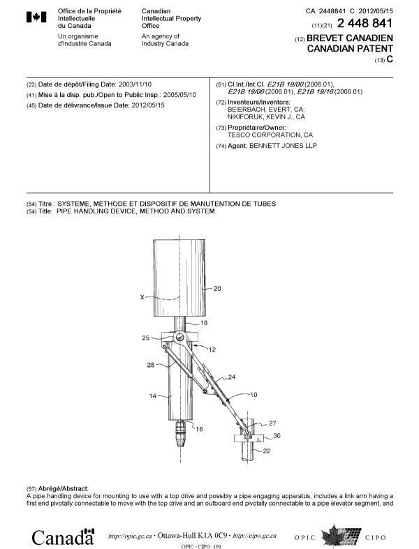 Document de brevet canadien 2448841. Page couverture 20111217. Image 1 de 2