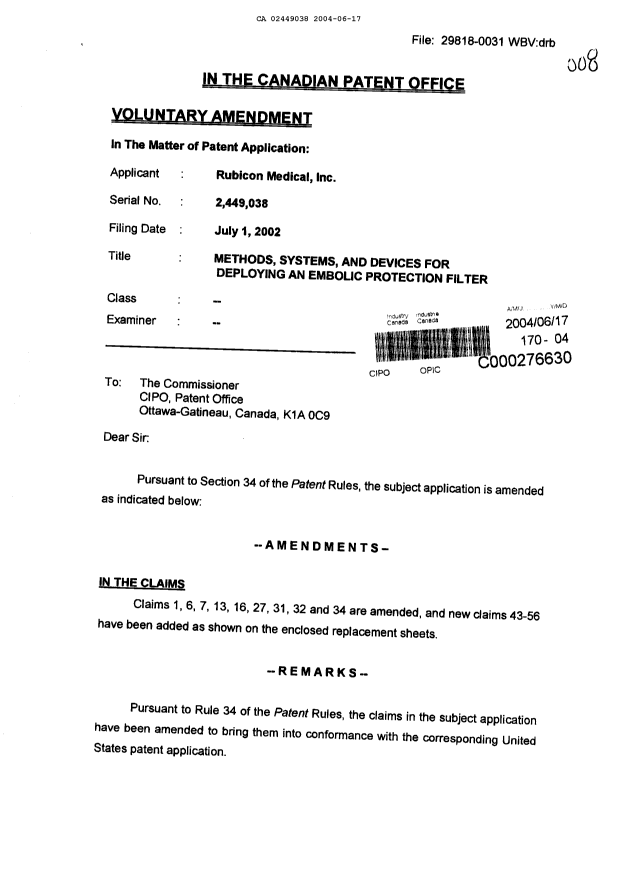 Canadian Patent Document 2449038. Prosecution-Amendment 20031217. Image 1 of 12