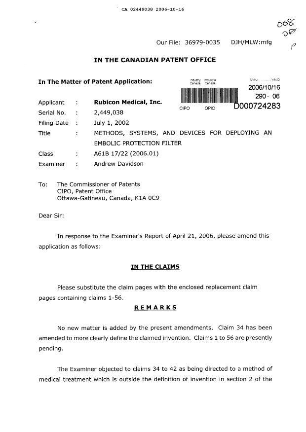 Canadian Patent Document 2449038. Prosecution-Amendment 20051216. Image 1 of 13
