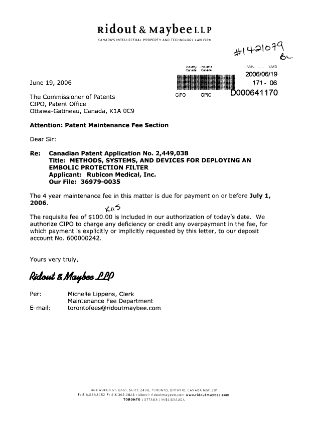 Canadian Patent Document 2449038. Fees 20051219. Image 1 of 1