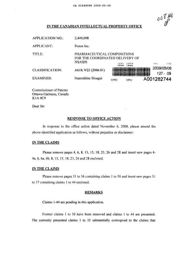 Canadian Patent Document 2449098. Prosecution-Amendment 20081206. Image 1 of 24