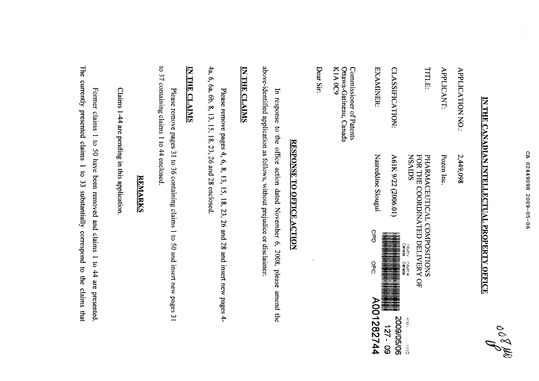 Canadian Patent Document 2449098. Prosecution-Amendment 20081206. Image 1 of 24