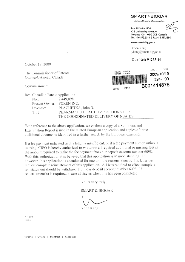Canadian Patent Document 2449098. Prosecution-Amendment 20081219. Image 1 of 1