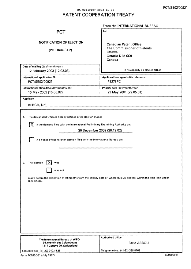 Document de brevet canadien 2449197. PCT 20031106. Image 1 de 6