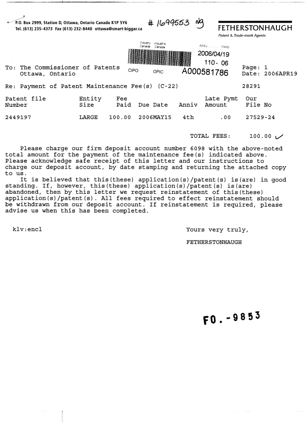 Document de brevet canadien 2449197. Taxes 20060419. Image 1 de 1