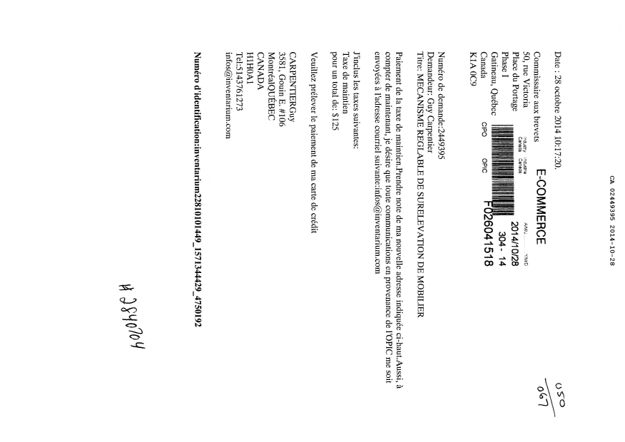 Document de brevet canadien 2449395. Taxes 20141028. Image 1 de 1
