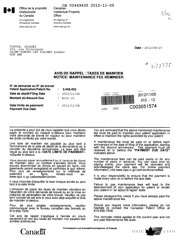 Document de brevet canadien 2449435. Taxes 20121105. Image 1 de 1