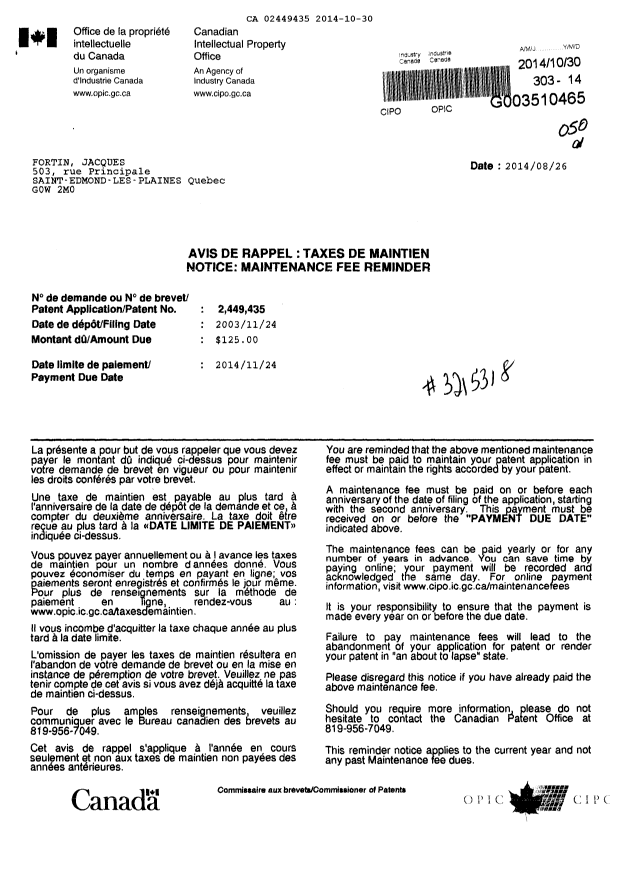 Document de brevet canadien 2449435. Taxes 20141030. Image 1 de 1