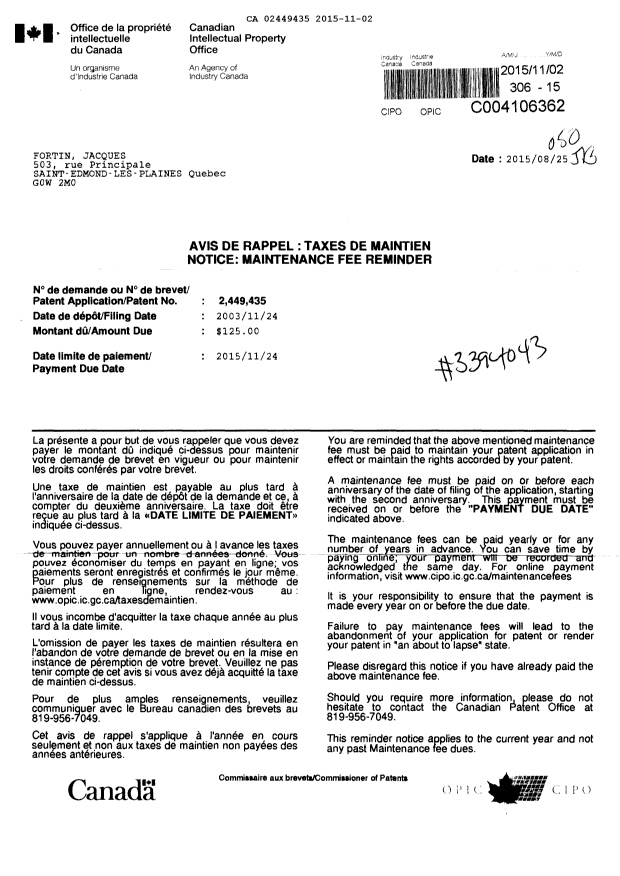 Document de brevet canadien 2449435. Paiement de taxe périodique 20151102. Image 1 de 1