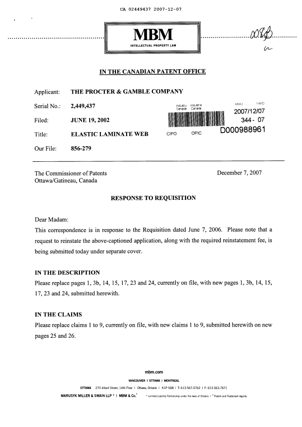 Canadian Patent Document 2449437. Prosecution-Amendment 20061207. Image 1 of 14