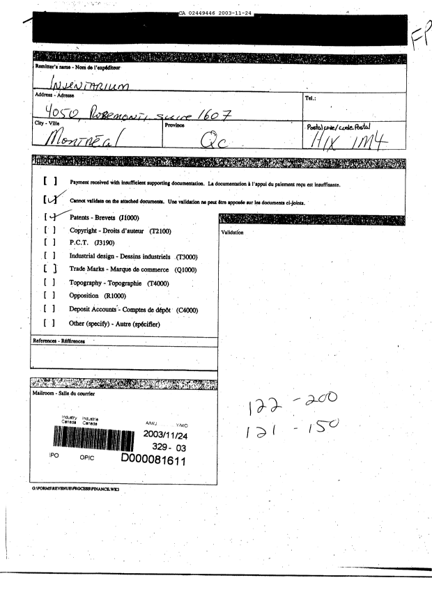 Document de brevet canadien 2449446. Cession 20031124. Image 1 de 2
