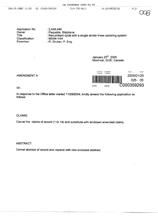 Document de brevet canadien 2449446. Poursuite-Amendment 20050125. Image 1 de 6