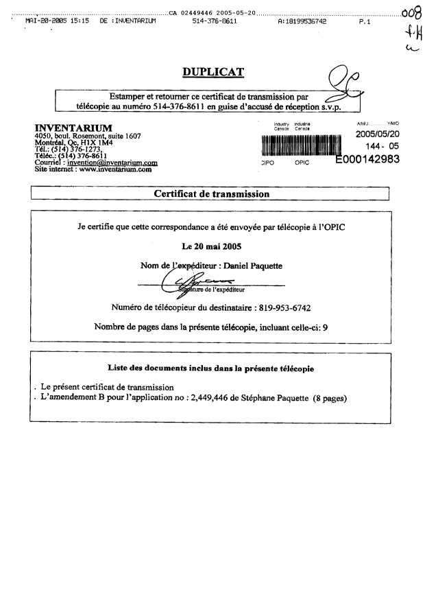 Document de brevet canadien 2449446. Poursuite-Amendment 20050520. Image 1 de 9