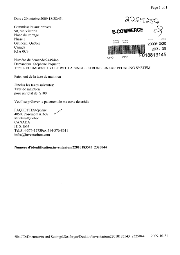 Document de brevet canadien 2449446. Taxes 20091020. Image 1 de 1