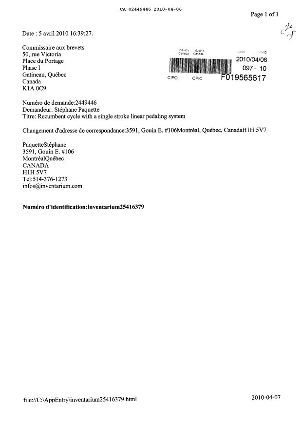 Document de brevet canadien 2449446. Correspondance 20100406. Image 1 de 1