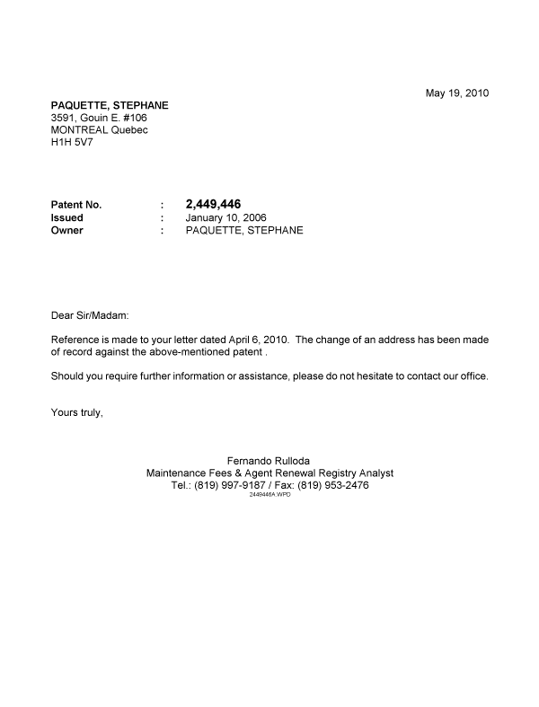 Document de brevet canadien 2449446. Correspondance 20100519. Image 1 de 1