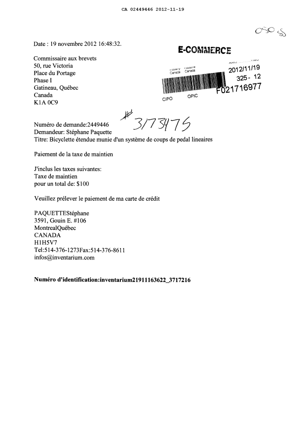 Document de brevet canadien 2449446. Taxes 20121119. Image 1 de 1